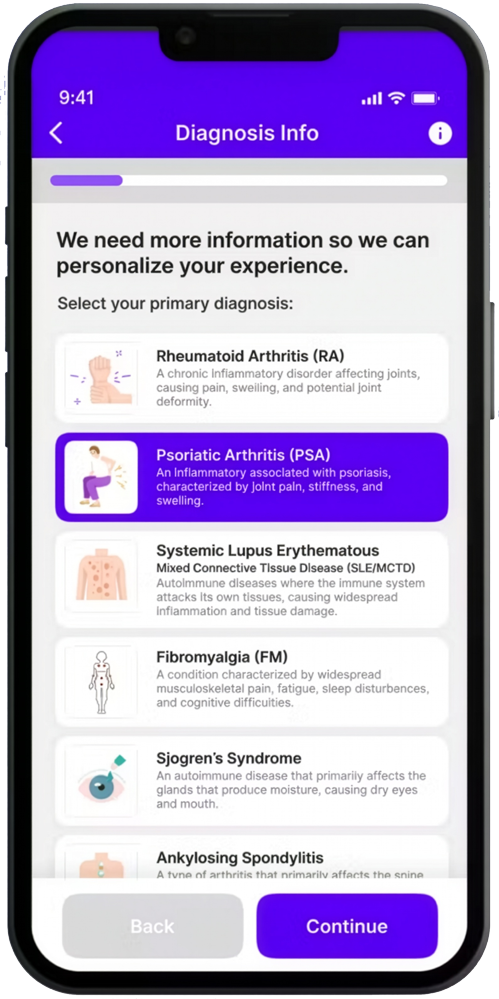 Rheumera mobile app screen showing the Diagnosis Info step with Psoriatic Arthritis selected.